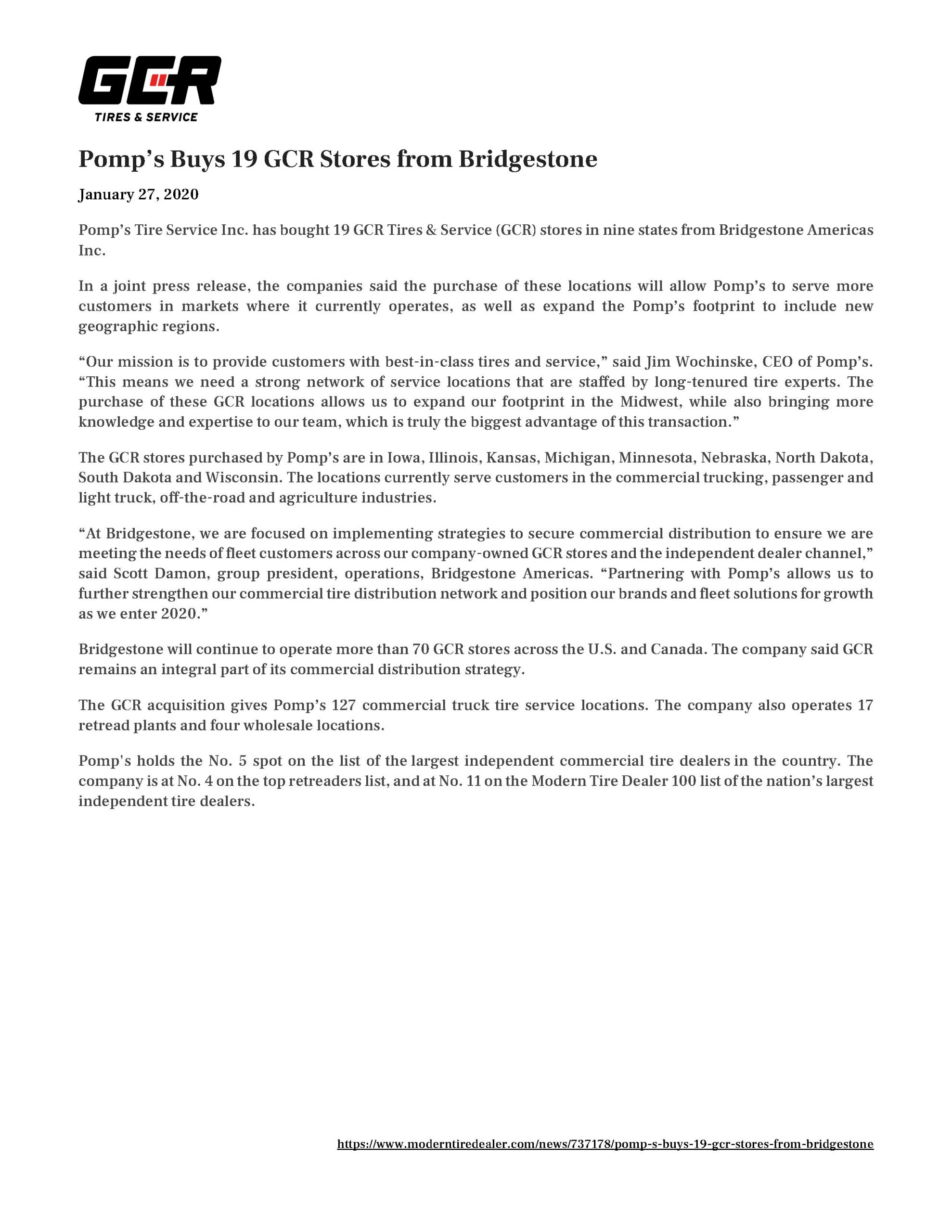 Pomp's Buys 19 GCR Stores from Bridgestone 1.27.2020