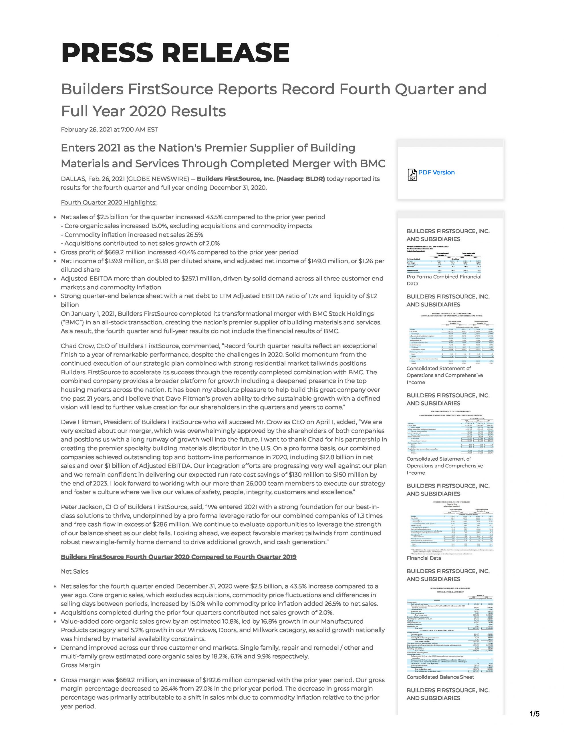 Builders FirstSource Reports Record Fourth Quarter and Full Year 2020 Results